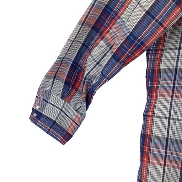 Sears Western Wear XL Pearl Snap Long Sleeve Shirt Red / Blue Plaid Cowboy Style - Picture 5 of 5